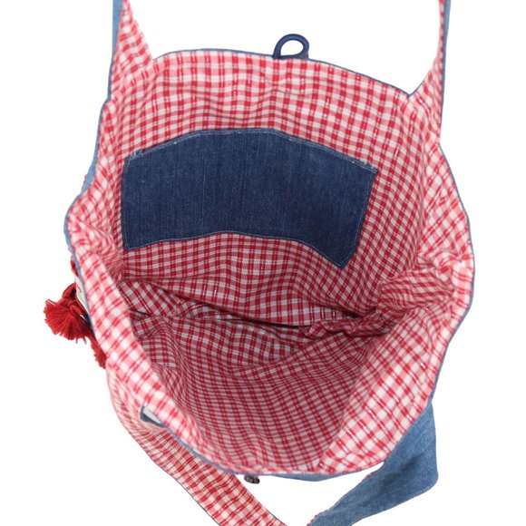 Handcrafted Handsewn Lighthouse Plaid Denim Embellished Lined Shoulder Purse Bag - Picture 7 of 16